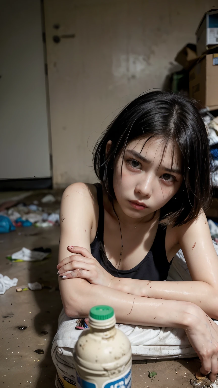 An 18-year-old Korean woman surrounded by a pile of garbage,aespakarina,Bobcut,Begging,beggar,(((Homeless))),((( Bad smell,Oil,Mud stains,shit,dirty))),(((Frowning,Glaring at the camera))),((((The room is filled with garbage))),Very fine eye, (((He&#39;s wearing a tattered black tracksuit.))),(((Tragic))),(make:1.3),Big eyes