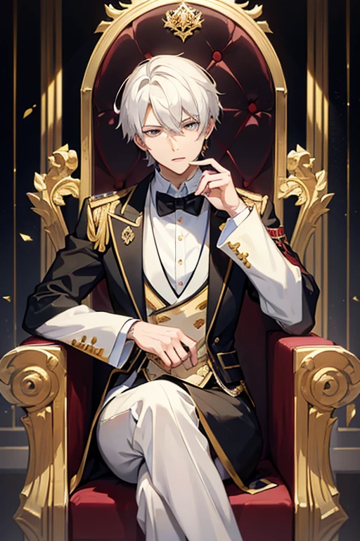 anime - style photo of one man with short white hair and amber eyes in formal clothing sitting on a throne, anime key visual of elegant, delicate androgynous prince, aristocratic appearance, girls frontline style, imperial royal elegant clothing, from girls frontline, beautiful androgynous prince, aristocratic clothing, fine details. girls frontline, royal elegant pose, anime cover, one anime handsome man, official art