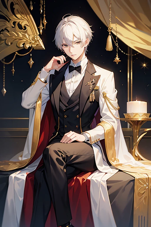 anime - style photo of one man with short white hair and amber eyes in formal clothing sitting on a throne, anime key visual of elegant, delicate androgynous prince, aristocratic appearance, girls frontline style, imperial royal elegant clothing, from girls frontline, beautiful androgynous prince, aristocratic clothing, fine details. girls frontline, royal elegant pose, anime cover, one anime handsome man, official art