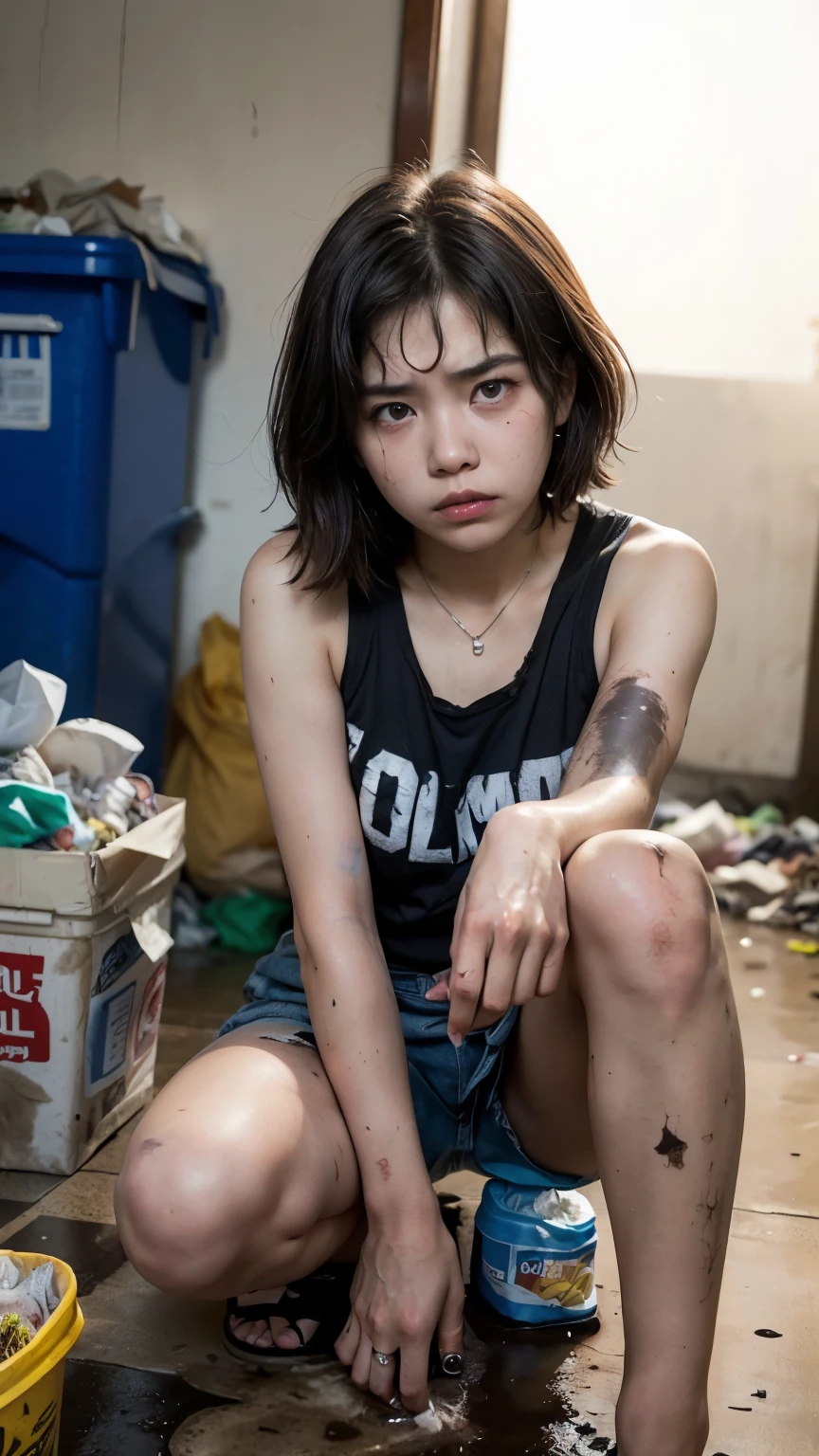 An 18-year-old Korean woman surrounded by a pile of garbage,aespakarina,Bobcut,Begging,beggar,(((Homeless))),((( Bad smell,Oil,Mud stains,shit,dirty))),(((Frowning,Glaring at the camera))),((((The room is filled with garbage))),Very fine eye, (((He&#39;s wearing a tattered black tracksuit.))),(((Tragic))),(make:1.3),Big eyes