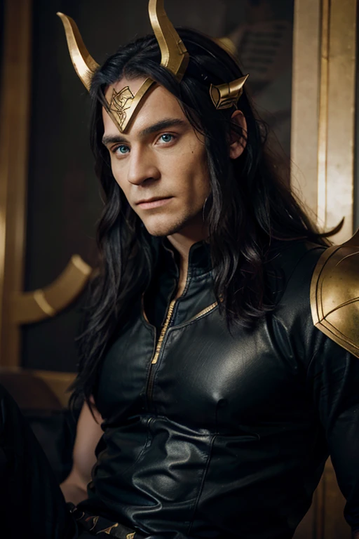 t0mh1, Norse god, face, loki, black hair, blue eyes, no shirt, black pants, helmet with golden horns on his head
