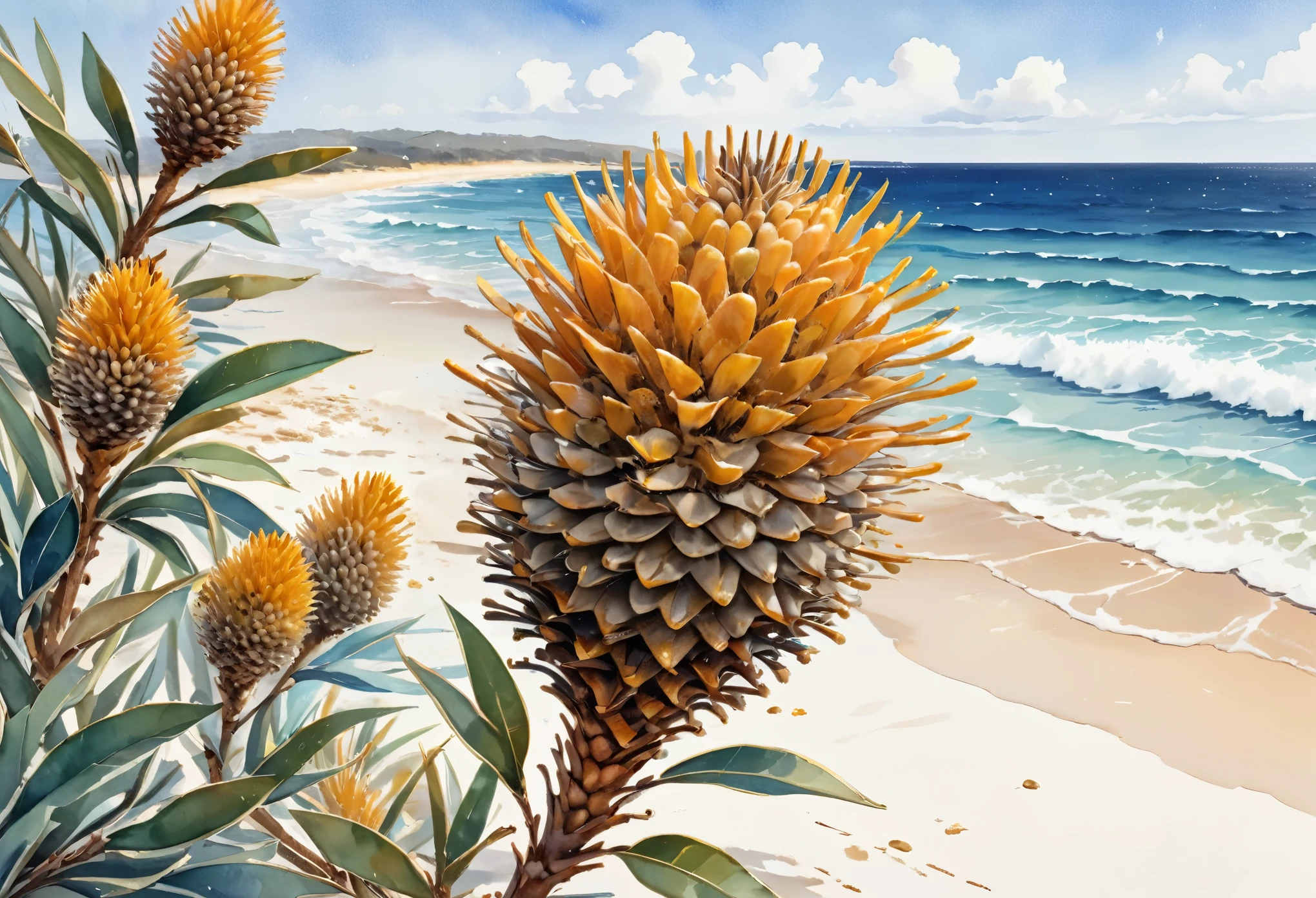 the unique beauty of the Banksia flower, with its intricate cone-shaped spikes and golden hues, set against a backdrop of sandy beaches and blue ocean waves, on a White background, with copy space, illustration design, flat design, Styles watercolor and ink splashes, detailed strokes, vibrant shades bright color palette, watercolor splashes, flat design, ethereal,4k