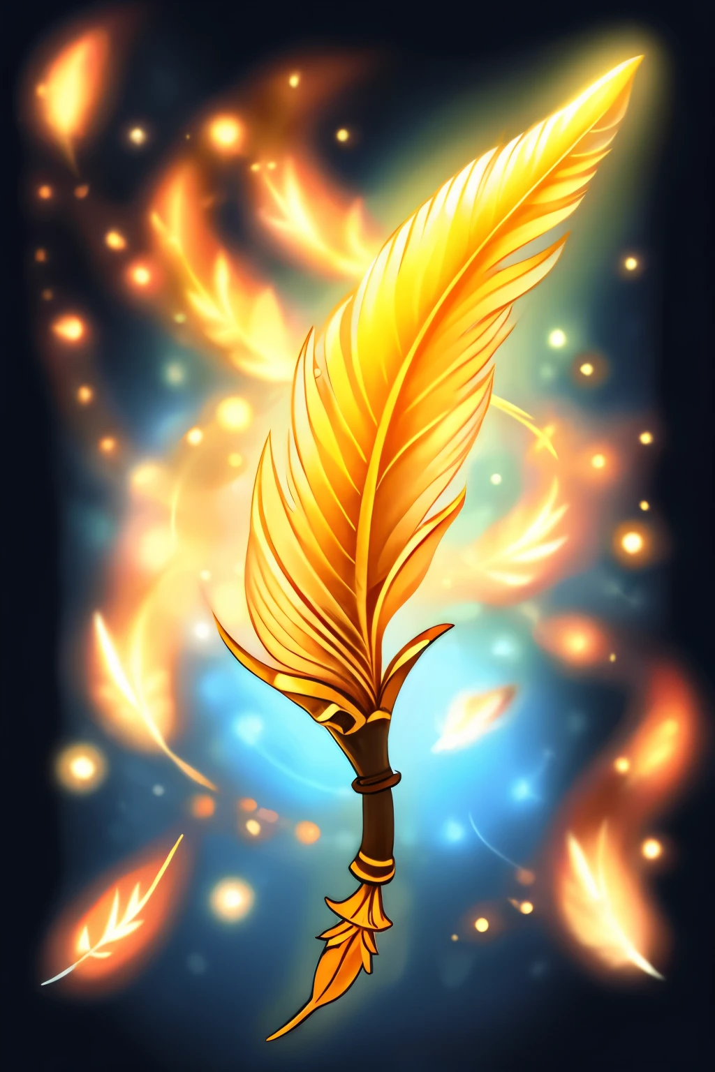 Genshin impact Style Artifact,Itemis a Stylized Feather Main focus,delicate feather imbued with celestial light, shimmering with a soft, ethereal glow, symbolizing purity and enlightenment, Deep-Woods, item by itself, simple background