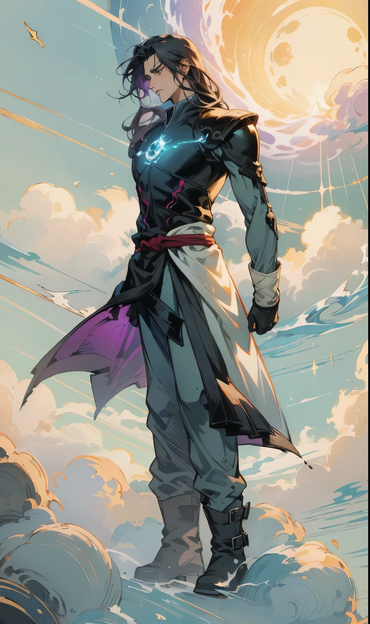 A man with medium-length teal blue long hair, middle part bangs, determined gaze, well-defined facial features, calm expression, sturdy physique, a fantasy-style white long coat with purple-blue patterns, asymmetrical hem, a black belt, gloves, fabric trousers, leather boots, blue and red energy swirling around him, impacting the grassland with their diffused aura, this character embodies a finely crafted fantasy martial arts-style hero in anime style, exquisite and mature manga art style, high definition, best quality, highres, ultra-detailed, ultra-fine painting, extremely delicate, professional, perfect body proportions, golden ratio, anatomically correct, symmetrical face, extremely detailed eyes and face, high quality eyes, creativity, RAW photo, UHD, 32k, Natural light, cinematic lighting, masterpiece-anatomy-perfect, masterpiece:1.5