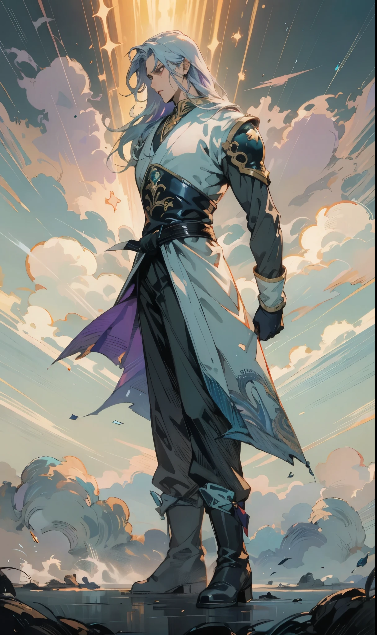 A man with medium-length teal blue long hair, middle part bangs, determined gaze, well-defined facial features, calm expression, sturdy physique, a fantasy-style white long coat with purple-blue patterns, asymmetrical hem, a black belt, gloves, fabric trousers, leather boots, blue and red energy swirling around him, impacting the grassland with their diffused aura, this character embodies a finely crafted fantasy martial arts-style hero in anime style, exquisite and mature manga art style, high definition, best quality, highres, ultra-detailed, ultra-fine painting, extremely delicate, professional, perfect body proportions, golden ratio, anatomically correct, symmetrical face, extremely detailed eyes and face, high quality eyes, creativity, RAW photo, UHD, 32k, Natural light, cinematic lighting, masterpiece-anatomy-perfect, masterpiece:1.5