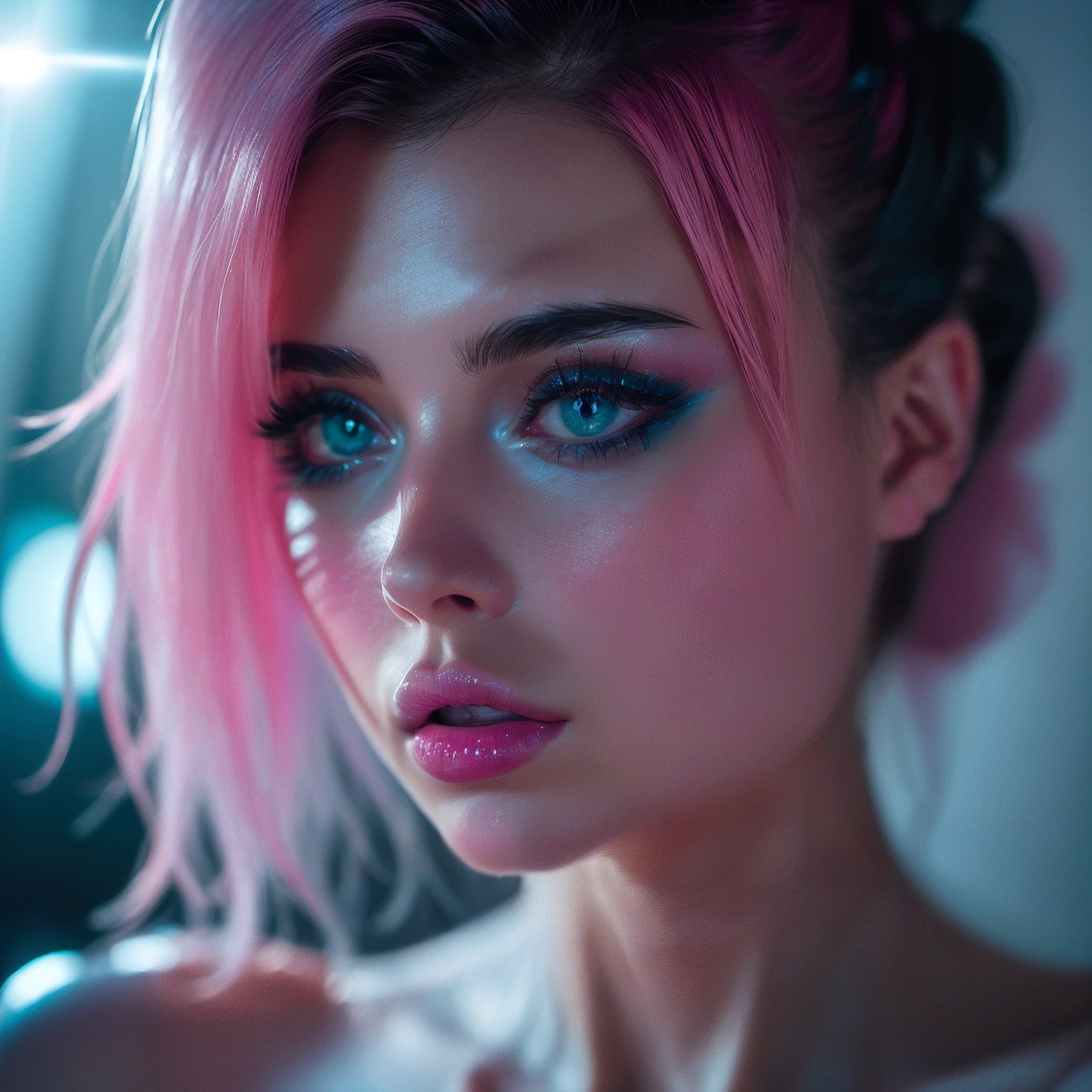 (((ultra realistic))) Photo, masterpiece, top quality, (pale skin), (Ultra detailed face and eyes:1.3), 1 girl, Adult, in a dress, ((Bright Cyan eyes)), ((Eye makeup, Pink mascara)), ((large detailed red lips)), ((Black straight hair)), ((Stylish hairstyle)) , (Natural breasts). ((Posing)), photoshoot, (Soft Lighting), (The play of light and shadows), depth of field, bokeh, (special attention to skin detail: 1.2), Detailed leather texture, skin pores. (Erotic atmosphere of the frame. Color range - Pink, Silver, White tones), UDR, ((Film grain)), ((rays)), (Glare), ((close-up portrait, close to the camera)) , ultra detialed.