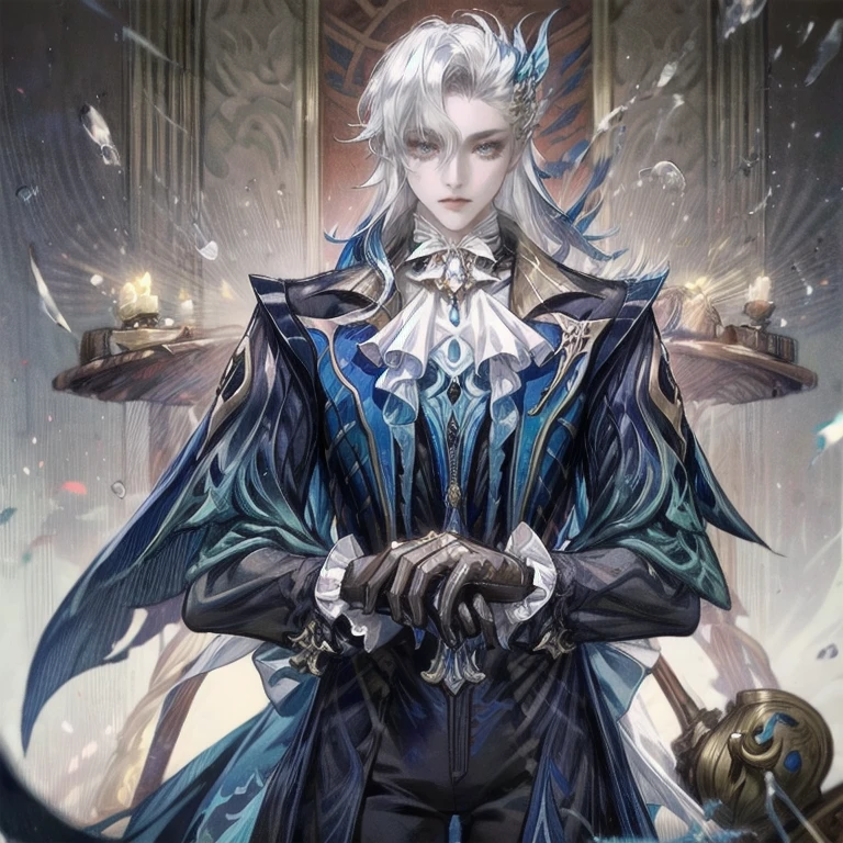 ((apathetic)), 1boy, ascot, black bow, black gloves, black pants, blue coat, bow, brooch, cane, coat, gloves, white hair, hair between eyes, hair bow, hair ornament, jewelry, long hair,blong sleeves, male focus, pants, purple eyes, solo, very long hair, white ascot, blue theme, genshin impact, neuvillette(genshin impact), neuvillette from genshin impact, ((masterpiece, ultra-detailed, intricate details, best quality, illustration)), (Masterpiece, best quality, complex details: 1.2), (masterpiece, top quality, best quality, official art, beautiful and aesthetic:1.2), (masterpiece, best quality, highres:1.4), (the best quality:1.2), (best quality), (masterpiece), (ultra detailed), (highres), (super fine illustrations:1.2), (dynamic pose), extreme detailed, exquisite masterpiece, high detail, 8k, 4k, highest detailed, production art, victorian era, light rays, blurry background, light particles