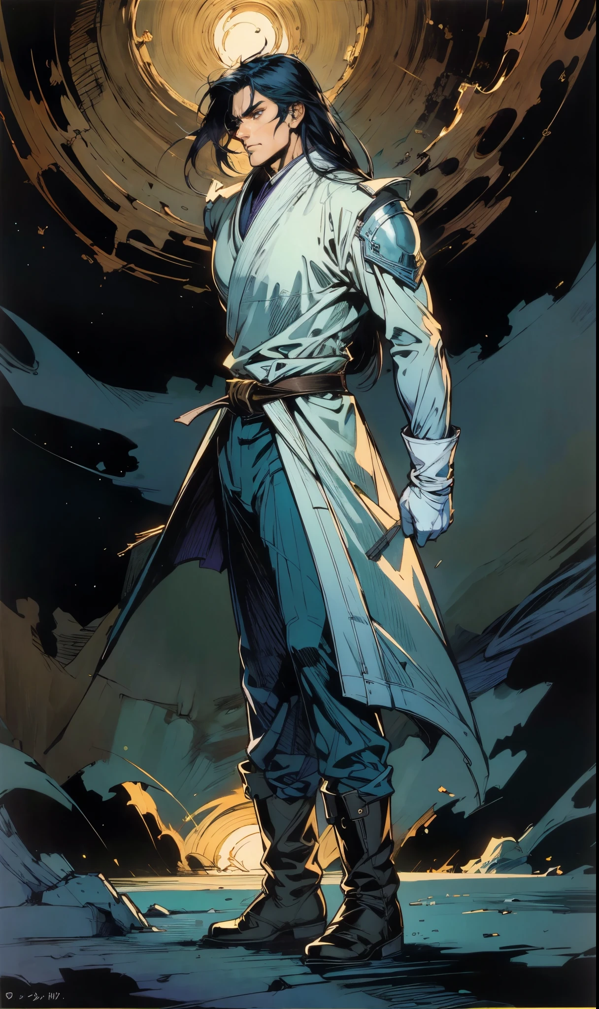 A man with medium-length teal blue long hair, middle part bangs, determined gaze, well-defined facial features, calm expression, sturdy physique, a fantasy-style white long coat with purple-blue patterns, asymmetrical hem, a black belt, gloves, fabric trousers, leather boots, blue and red energy swirling around him, impacting the grassland with their diffused aura, this character embodies a finely crafted fantasy martial arts-style hero in anime style, exquisite and mature manga art style, high definition, best quality, highres, ultra-detailed, ultra-fine painting, extremely delicate, professional, perfect body proportions, golden ratio, anatomically correct, symmetrical face, extremely detailed eyes and face, high quality eyes, creativity, RAW photo, UHD, 32k, Natural light, cinematic lighting, masterpiece-anatomy-perfect, masterpiece:1.5