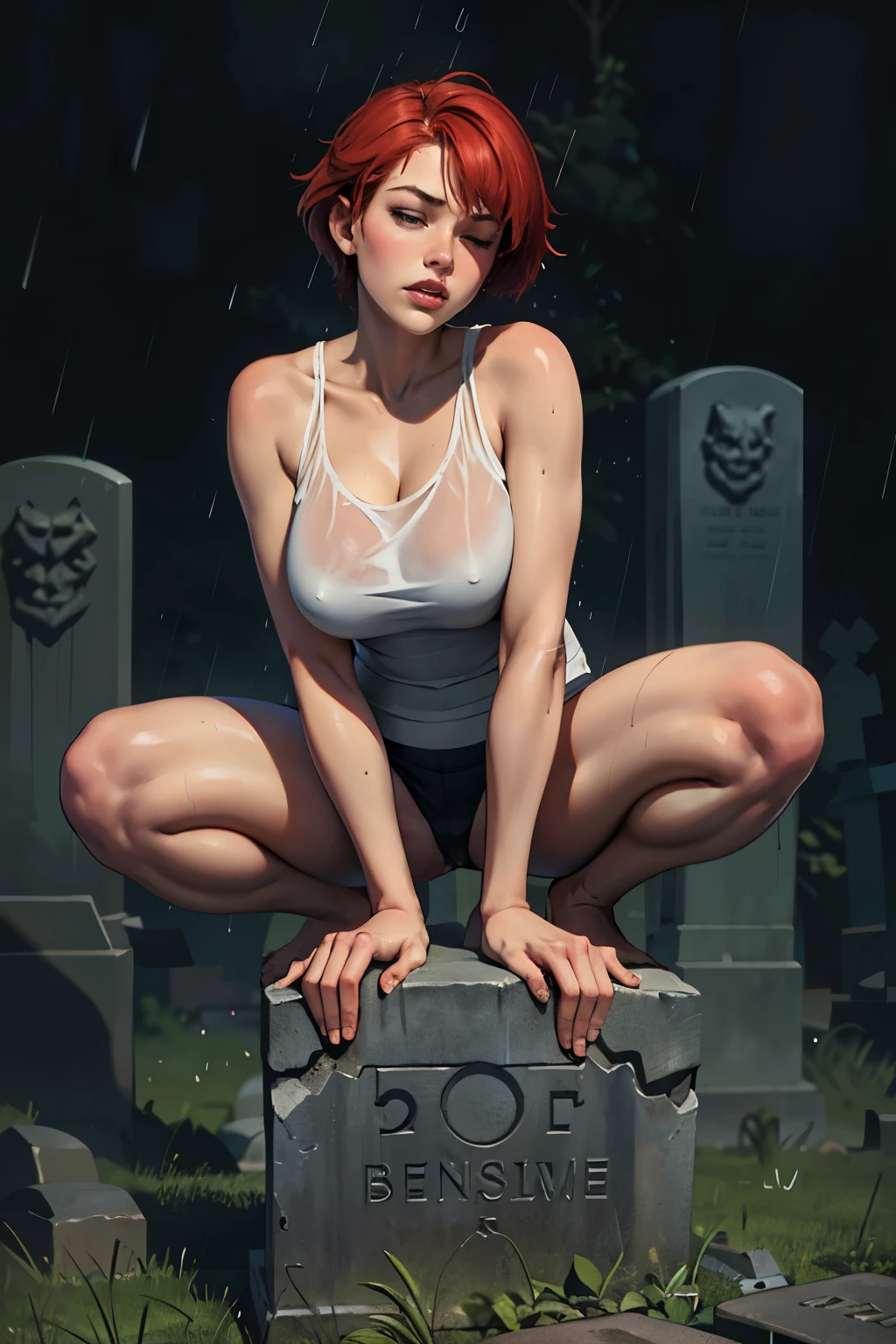 ((highest quality)), ((masterpiece)), (be familiar with), Perfect Face, (High definition), (Best Shadow), 8K, Cinematic, (Realistic:1.4),dramatic, ((A woman straddling a tombstone)), (Red hair), ((extra short hair)), (Eyes closed), (Mouth open), (Anguished expression:1.0), (Pure white skin:1.1), Voluptuous body, Alluring, Drenched white tank top, barefoot, Rain on the skin, Boneyard, 土葬のBoneyard, (heavy rain:1.4), Heavy rain in the middle of the night, Front angle