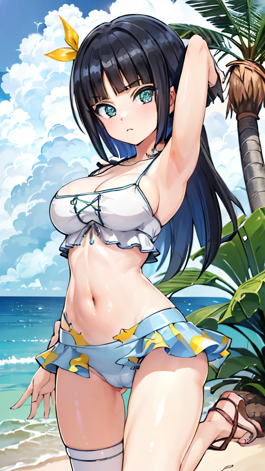 (High reality photograph, high resolusion, detailed face, detailed eyes), 1girl, (short stature:1.5), 20 years old, (urbikini:1.5), cute face, (cameltoe:1.3), (narrow waist:1.3), (thin legs:1.4), (cleavage:1.4), (big breasts:1.2), (cute eyes:1.4), (shiny skin:1.4), (armpit:1.3), open legs, (full body:1.1), poolside