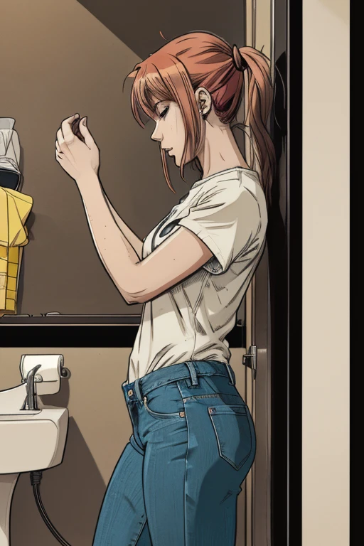 vector image, 2d cartoon,masterpiece, An anime woman, colored hair, fuck herself, simulates intercourse:1.2, gloomy ecstasy, sweat, masturbate, touch herself in sensual places, public cramped toilet stall, jeans, t-shirt, from side view