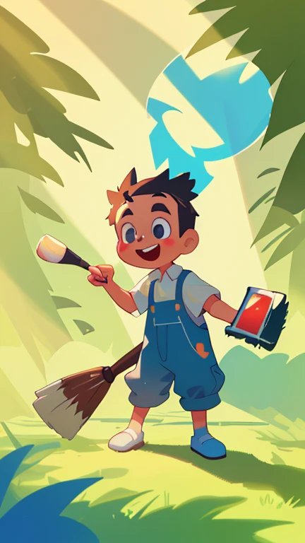 when he discovers a glowing paintbrush under the sunlight. He picks up the brush with excitement.
