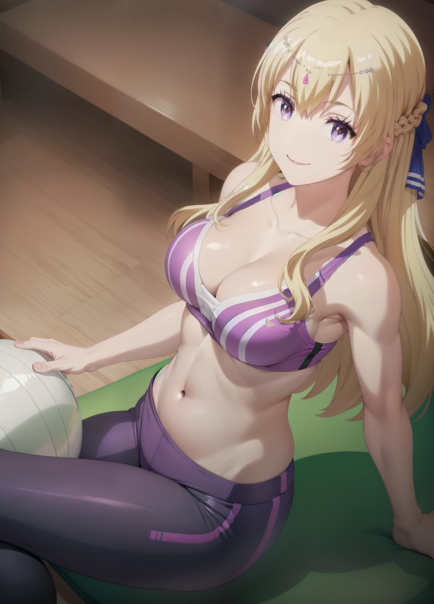 1.blonde hair,purple eyes,masterpiece, best quality, photorealistic, yujiasuit, yoga sports bra, yoga pants, 1girl, solo, , yoga ball, pants, looking at viewer, smile, green sports bra, simple background, , midriff, long hair, breasts, green pants, sportswear, tank top, upper body,