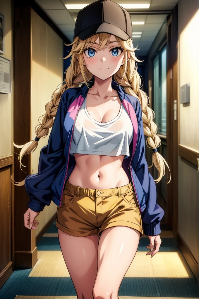 a blonde anime woman in baseball cap and shorts standing in what looks like the hallway of some type of building, 1girl, solo, breasts, blue eyes, blonde hair, jacket, shorts, hat, navel, braid, cleavage, long hair, baseball cap, open jacket, crop top, open clothes, looking at viewer, twin braids, red shorts, smile, black headwear, long sleeves, blue jacket, stomach, :3, cowboy shot, midriff, multicolored jacket