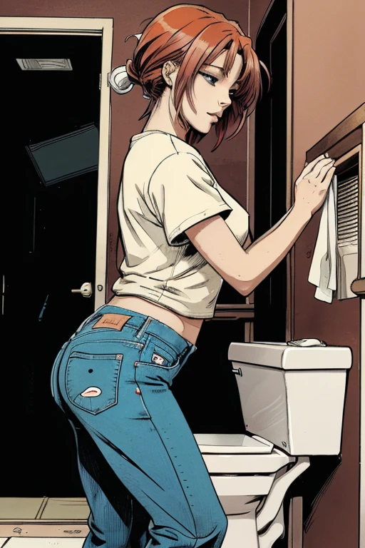 vector image, 2d cartoon,masterpiece, An anime woman, colored hair, simulates intercourse:1.2, gloomy ecstasy, sweat, masturbate, touch herself, public cramped toilet stall, jeans, t-shirt, from side view
