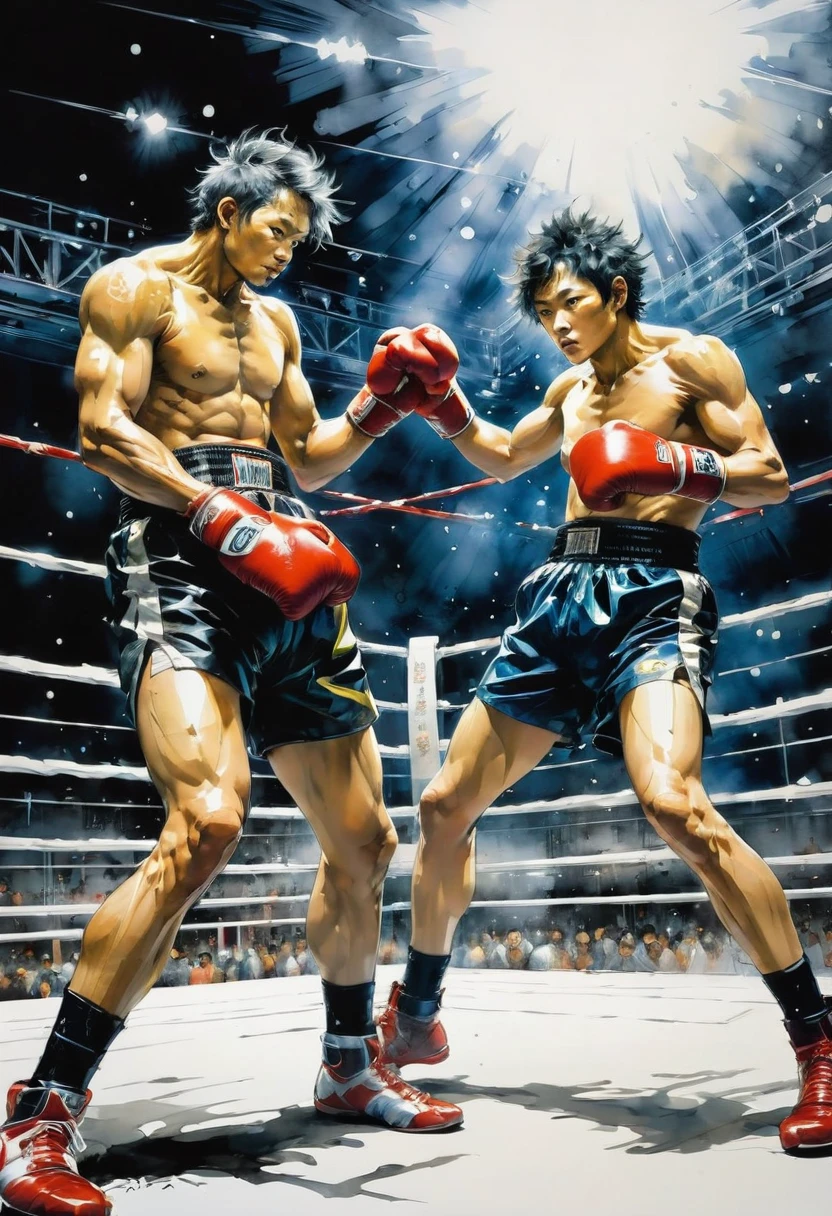 Boxing Match, Boxing ring, by Yoji Shinkawa, best quality, masterpiece, very aesthetic, perfect composition, intricate details, ultra-detailed