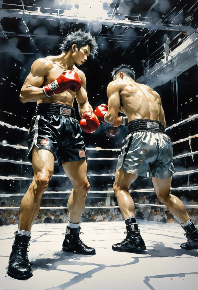 Boxing Match, Boxing ring, by Yoji Shinkawa, best quality, masterpiece, very aesthetic, perfect composition, intricate details, ultra-detailed