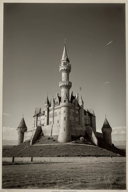 Castle in the shape of a seven-pointed star, with bastions, curtains and ravelins. On a hill in the middle of a plain with a tall tower in the center. View from afar