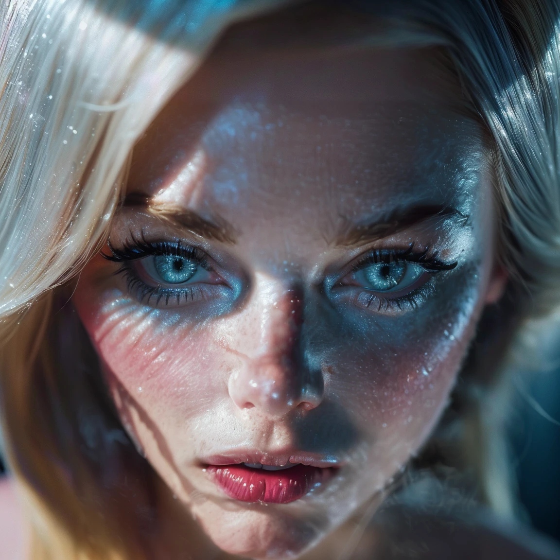 (((ultra realistic))) Photo, masterpiece, top quality, (pale skin), (Ultra detailed face and eyes:1.3), 1 girl, Adult, in a dress, ((Bright Deep Navi Blue eyes)), ((Eye makeup, Pink mascara)), ((large detailed red lips)), (((Blonde) straight hair)), ((Stylish hairstyle)) , (Natural breasts). ((Posing)), photoshoot, (Soft Lighting), (The play of light and shadows), depth of field, bokeh, (special attention to skin detail: 1.2), Detailed leather texture, skin pores. (Erotic atmosphere of the frame. Color range - Pink, Silver, White tones), UDR, ((Film grain)), ((rays)), (Glare), ((close-up portrait, close to the camera)) , ultra detialed.