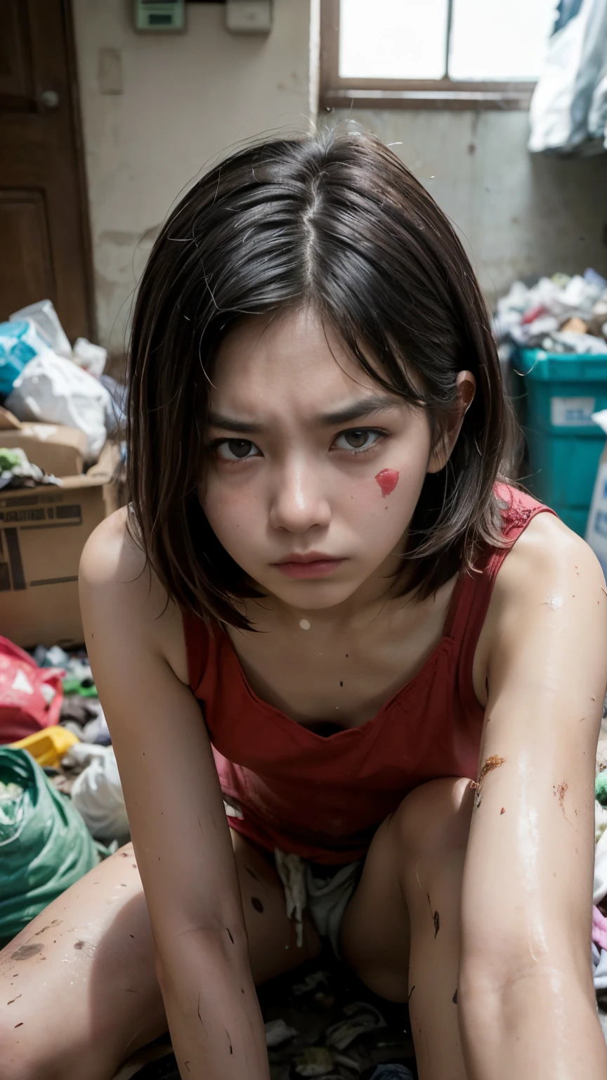 An 18-year-old Korean woman surrounded by a pile of garbage,aespakarina,Bobcut,Begging in the city,beggar,(((Homeless))),((( Bad smell,Oil,Mud stains,shit,dirty))),(((Frowning,Glaring at the camera))),((((The room is filled with garbage))),Very fine eye, (((He&#39;s wearing a tattered black tracksuit.))),(((Tragic))),(make:1.3),Big eyes