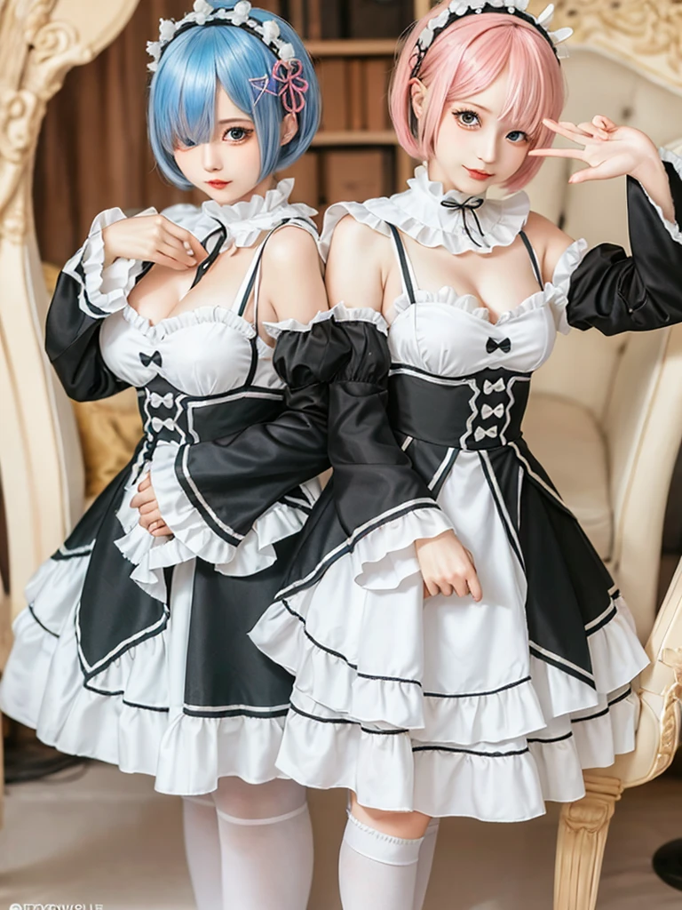 (8K, Photorealistic, Raw photo, of the highest quality: 1.3), (1girl in), Super beautiful, (Realistic face), (boyish, pink Color Berry Shorthair), Beautiful , Glare that captivates the viewer, Beautiful expression, Beautiful breasts, (Realistic skin), Be...Create a detailed and colorful image of Ram and Rem from Re:Zero, standing back-to-back in their maid outfits, with a magical fantasy background、14years old, two girls,cute, perfect face, beautiful, nice body, gothic lolita clothes, gothic lolita fashion, frilly skirt, headdress, necklace, bracelet, knee-high socks, boots, double eyelids, tear bags, Detailed down to the fingers, photo-like description, indoors, dim indoor lighting, one girl is pink hair and short bob, another girl is light blue hair and short bob,standing,whole body, composition that shows the whole body, smiling,The Both of them are wearing the same type of maid outfit,Optimal ratio of 4 fingers and 1 thumb