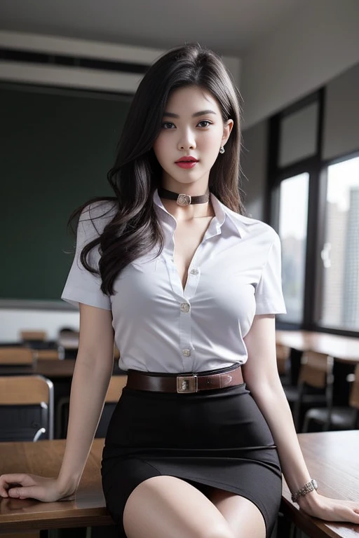 (Masterpiece, best quality, alone, รายละเอียดที่complicated, Chromatic aberration), realistic, ((Moderate breath)), hair on one eye,purple eyes, earring, sharp eyes, choker, (symmetrical eyes),(Perfect symmetrical body),Photo of a beautiful 24 year old girl, Beautiful and charming with contemporary fashion paintings as well..., looking at the audience, ((in the classroom background)), (1 Girl),(black short skirt), (Fitted white short sleeve shirt, Unbuttoning the buttons, revealing a little of the chest..), ((Short black pencil skirt with deep slit at the side.)), sugar belt, ((Put your hands down.)),copper blonde hair, bob, round chin, Art lens 85mm, Sharp focus, High resolution 8K, Crazy details, complicated, elegant,sitting on the study table Lift one leg to eye level, legs slightly apart.,big breasts,Big breasts, dynamic gesture, big breasts