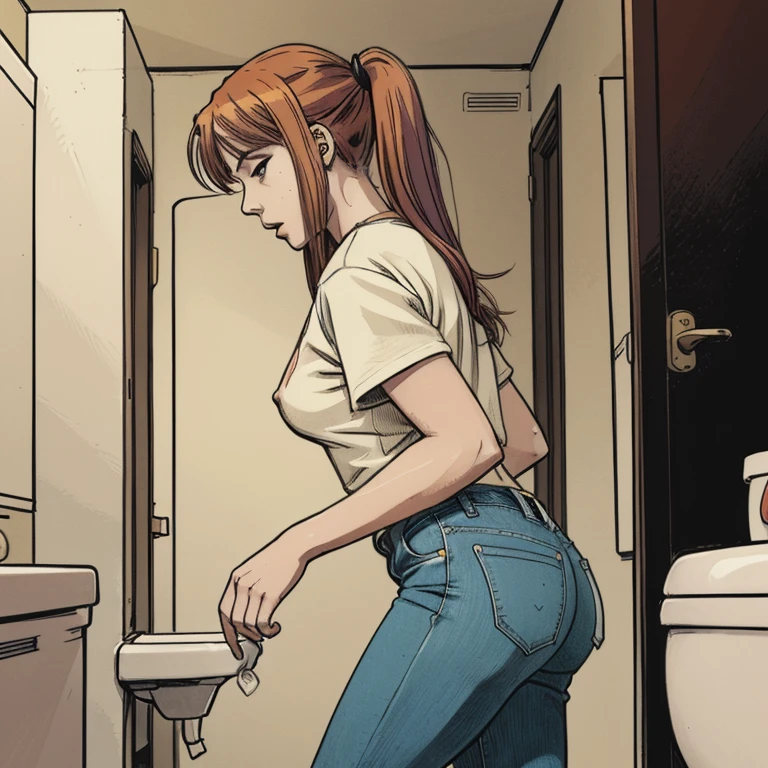 vector image, 2d cartoon,masterpiece, An anime woman, colored hair, simulates intercourse:1.2, gloomy ???????, sweat, masturbate, touch herself, public cramped toilet stall, jeans, t-shirt, from side view