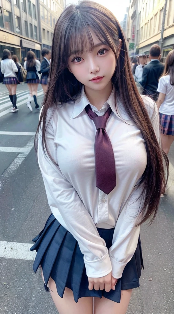 (8k, RAW photo, best quality, masterpiece:1.2), (realistic, photo-realistic:1.4), (extremely detailed 8k wallpaper), sharp focus, depth of field, bocinematic lighting, soft light, detailed beauty eyes,shiny smooth light brown long bob hair, asymmetrical bangs, shiny skin, super detailed skin ,high resolution, high detailing, detailed hairstyle, detailed beauty face, hyper realistic, perfect limbs, perfect anatomy ,1 japanese girl,famous Japanese idol, perfect female body, large breasts,smile,short eyelashes,double-edged eyelid,long bob hair, (school uniform:1.3),(miniskirt navy miniskirt), looking at viewer, (Crowded city streets:1.3),cowboy shot