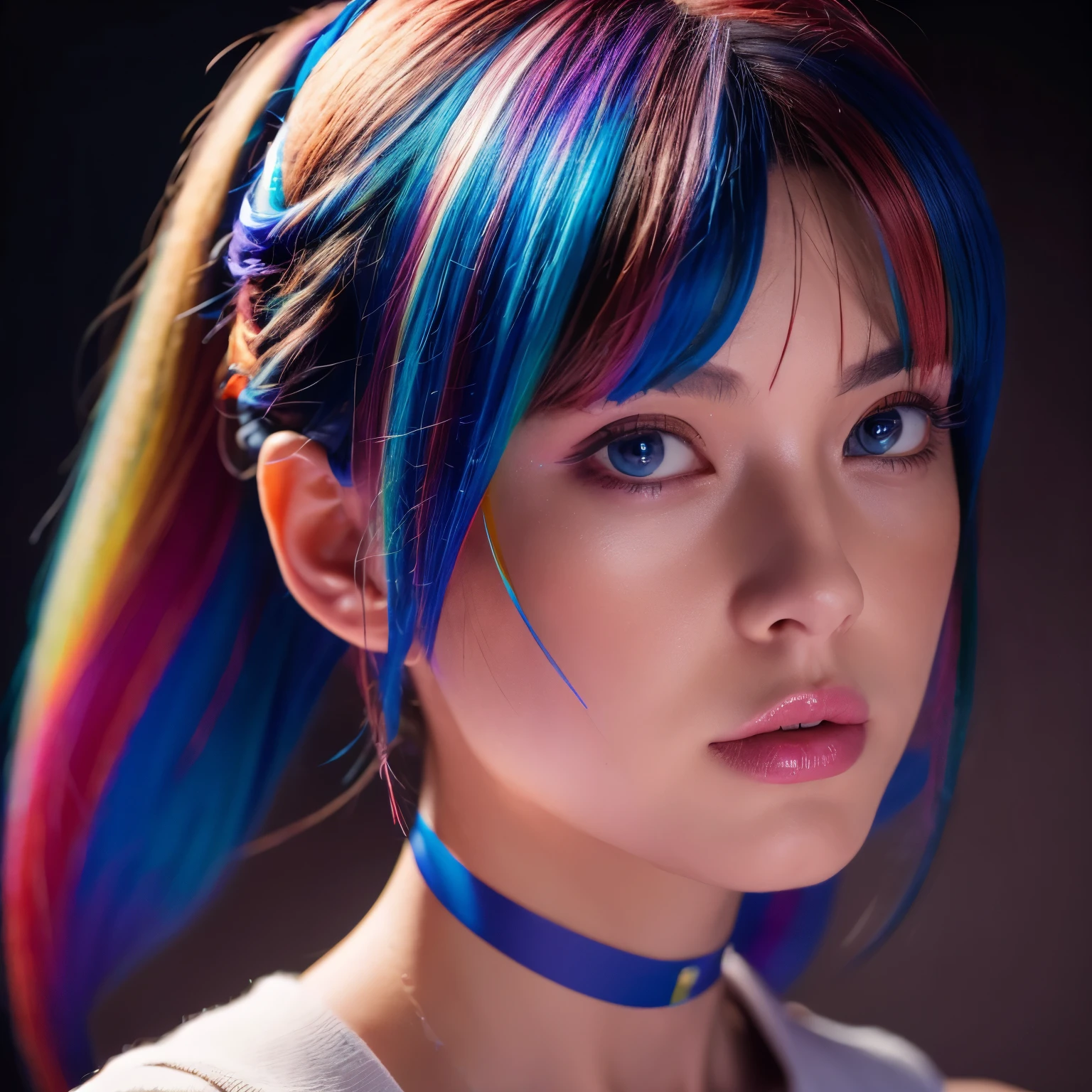Multicolored Hair, Hair Ribbon, Surrealism, Cinema Lighting, close, Ultra-high resolution, Attention to detail, masterpiece