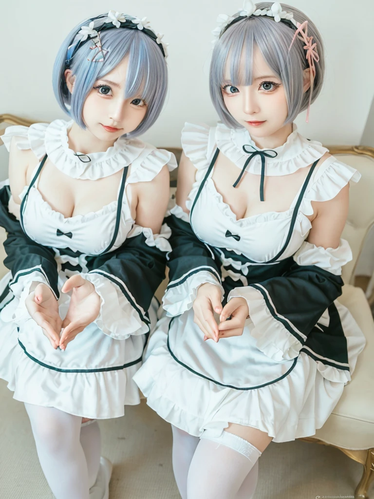 (8K, Photorealistic, Raw photo, of the highest quality: 1.3), (1girl in), Super beautiful, (Realistic face), (boyish, pink Color Berry Shorthair), Beautiful , Glare that captivates the viewer, Beautiful expression, Beautiful breasts, (Realistic skin), Be...Create a detailed and colorful image of Ram and Rem from Re:Zero, standing back-to-back in their maid outfits, with a magical fantasy background、14years old, two girls,cute, perfect face, beautiful, nice body, gothic lolita clothes, gothic lolita fashion, frilly skirt, headdress, necklace, bracelet, knee-high socks, boots, double eyelids, tear bags, Detailed down to the fingers, photo-like description, indoors, dim indoor lighting, one girl is pink hair and short bob, another girl is light blue hair and short bob,standing,whole body, composition that shows the whole body, smiling,The Both of them are wearing the same type of maid outfit,Optimal ratio of 4 fingers and 1 thumb
