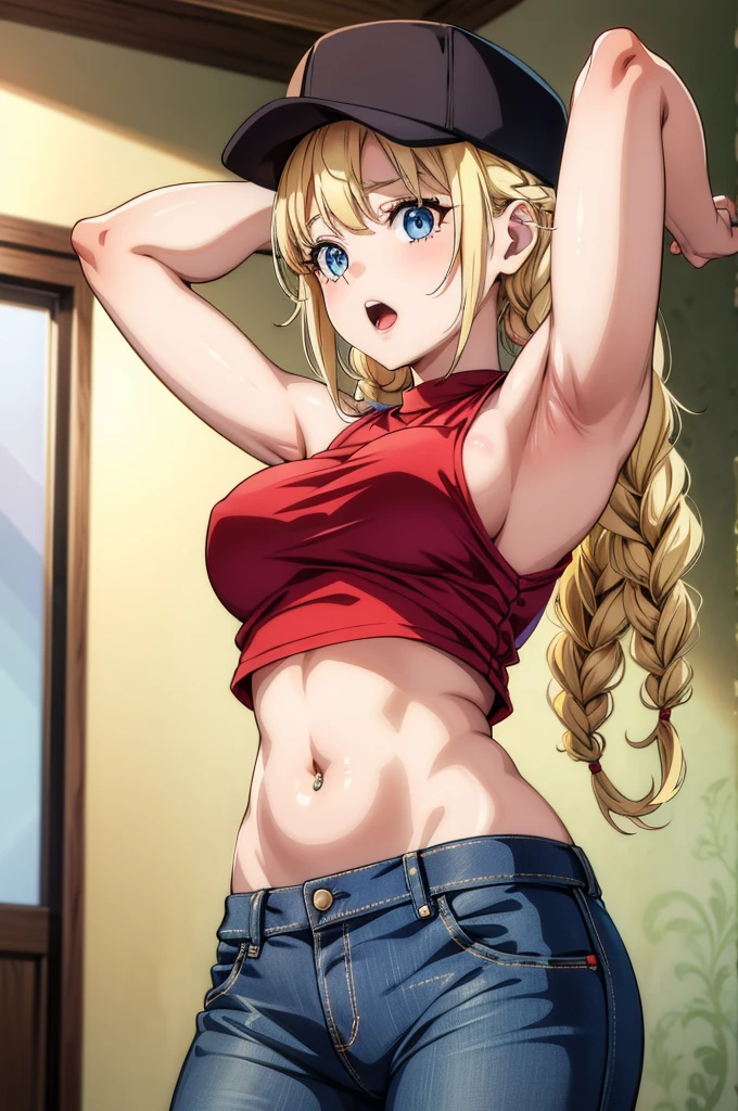 a pretty blonde girl getting ready to go out partying in a jiggly costume, 1girl, solo, armpits, blonde hair, pants, denim, braid, twin braids, navel, blue eyes, jeans, long hair, hat, red shirt, navel piercing, arms up, shirt, crop top, open mouth, looking at viewer, stomach, breasts, sleeveless, midriff, tattoo, sleeveless shirt