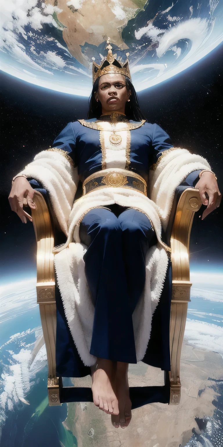 /imagine black man, mighty man coming in the clouds, glorious attired. All seeing him, giant like, hd, full grey afro hair. Space eye view. Bigger than every else. White garment with golden girdle. Divine glory. Mighty throne. Above earth. Earth is foot stool. Cinematic view. 8k. The luminaries orbiting him. Mighty crown