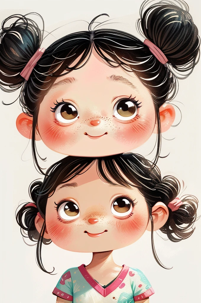 watercolor painting，Chibi A cartoon young girl wearing a pink v-neck shirt and white shorts, big smile with teeth, large cute eyes, cute digital painting, cute digital art, Lovely and detailed digital art, cute portrait, cartoon art style, Super cute and stylish black-haired girl, kawaii realistic portrait, Cute cartoon style, (((chibi))) beautiful art, Realistic cute girlmatic