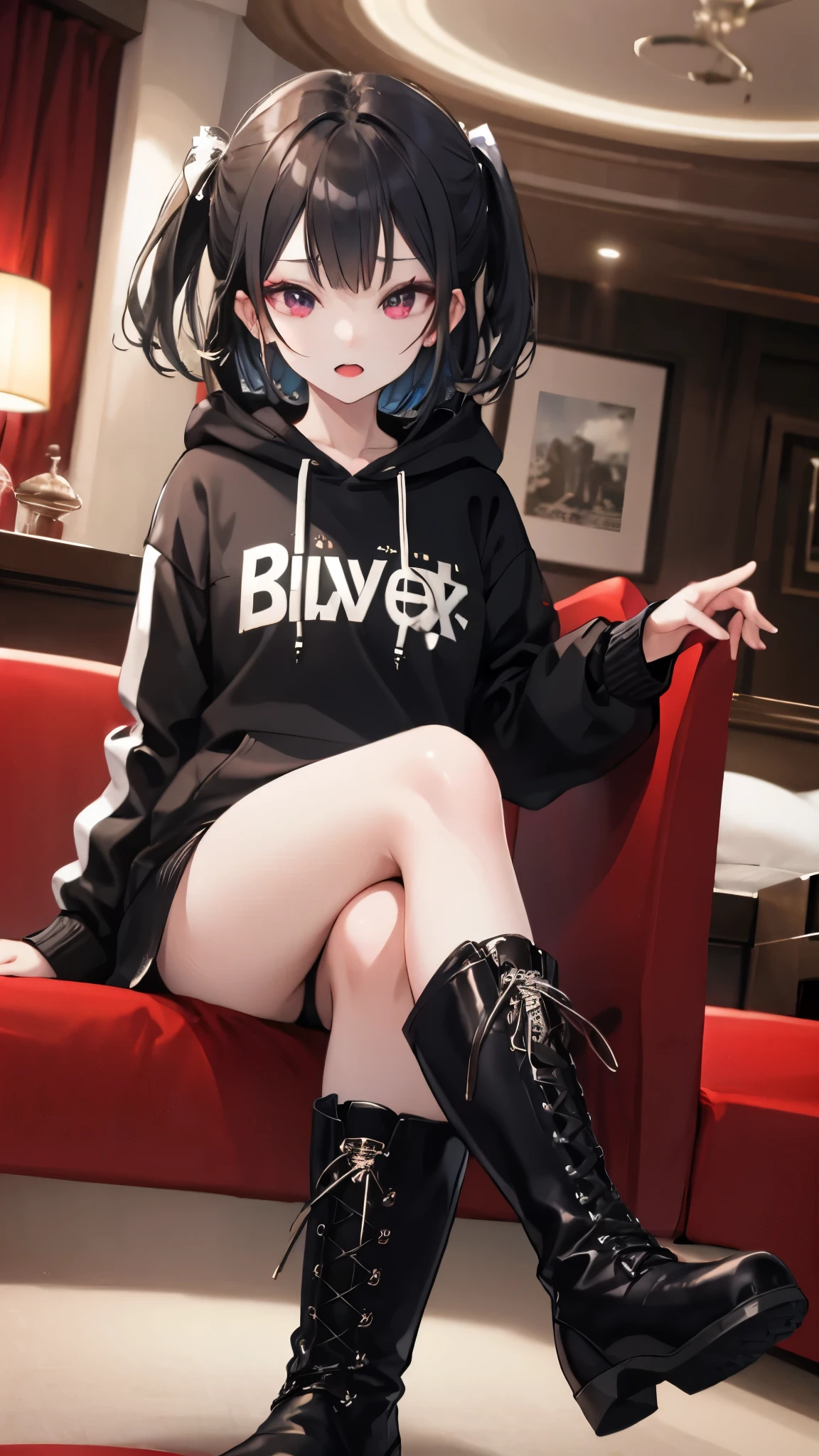 (((lovehotel)))、Hotel、8k,Super Detailed Game CG, (High resolution:1.1),(Absurd:1.1), highest quality,  Highest resolution, Very detailed, One girl,cute、contemptuous 、disdain、Sitting、
black and White hoodie、Red and black hoodie、White hoodie、Crossing your legs、Black platform boots、(((boots focus)))、
Black Hair、Black Hairロング、black eye、