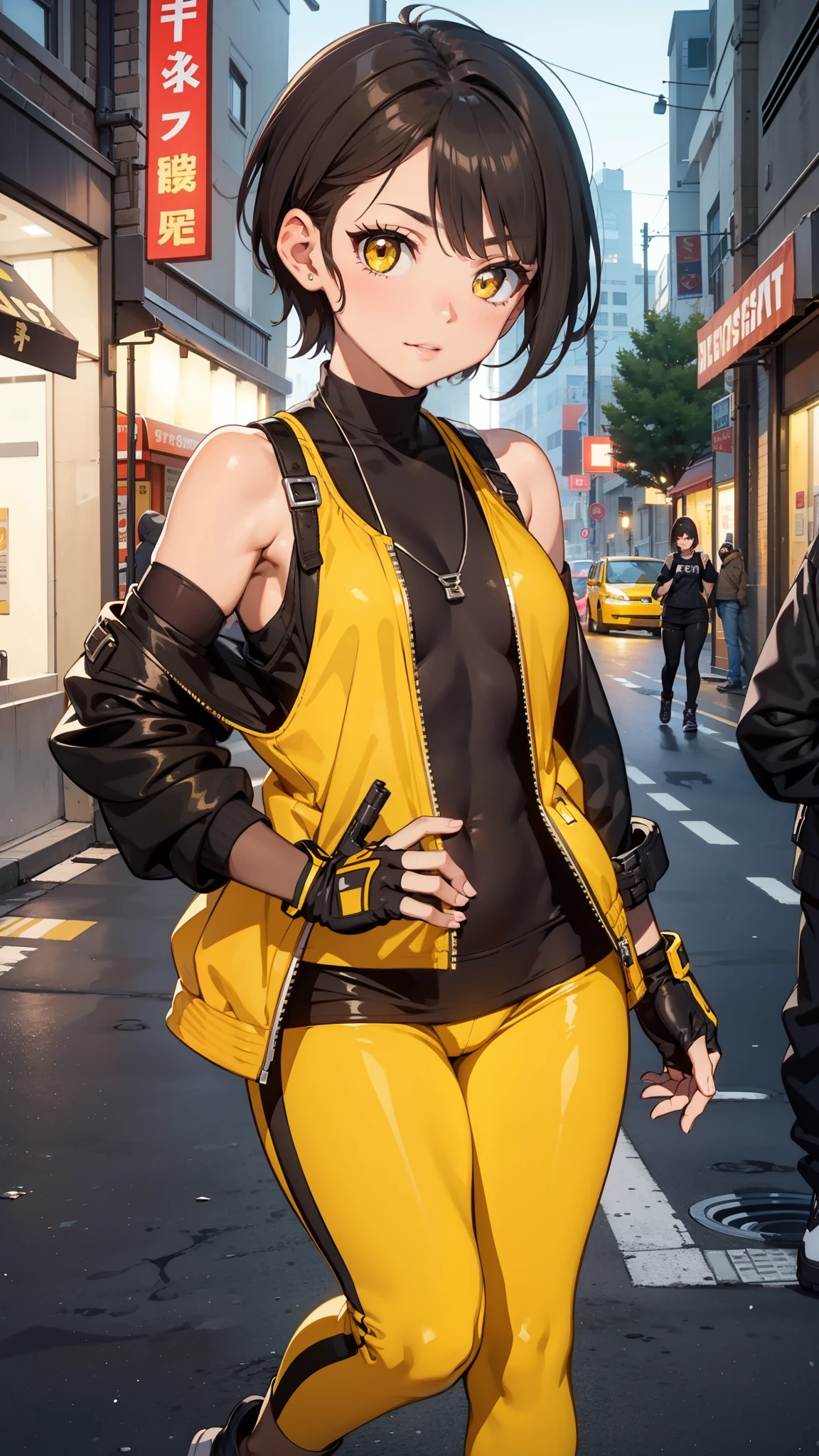 street dancer, short hair, brown hair, yellow glowing eyes, perfect lips, cute expression, cute face, cute pose, fingerless gloves, gun, tank top, jacket, cute pose, ultra detailed face, long eyelashes, sharp eyes , Fullbody shot, dinamic viewer,