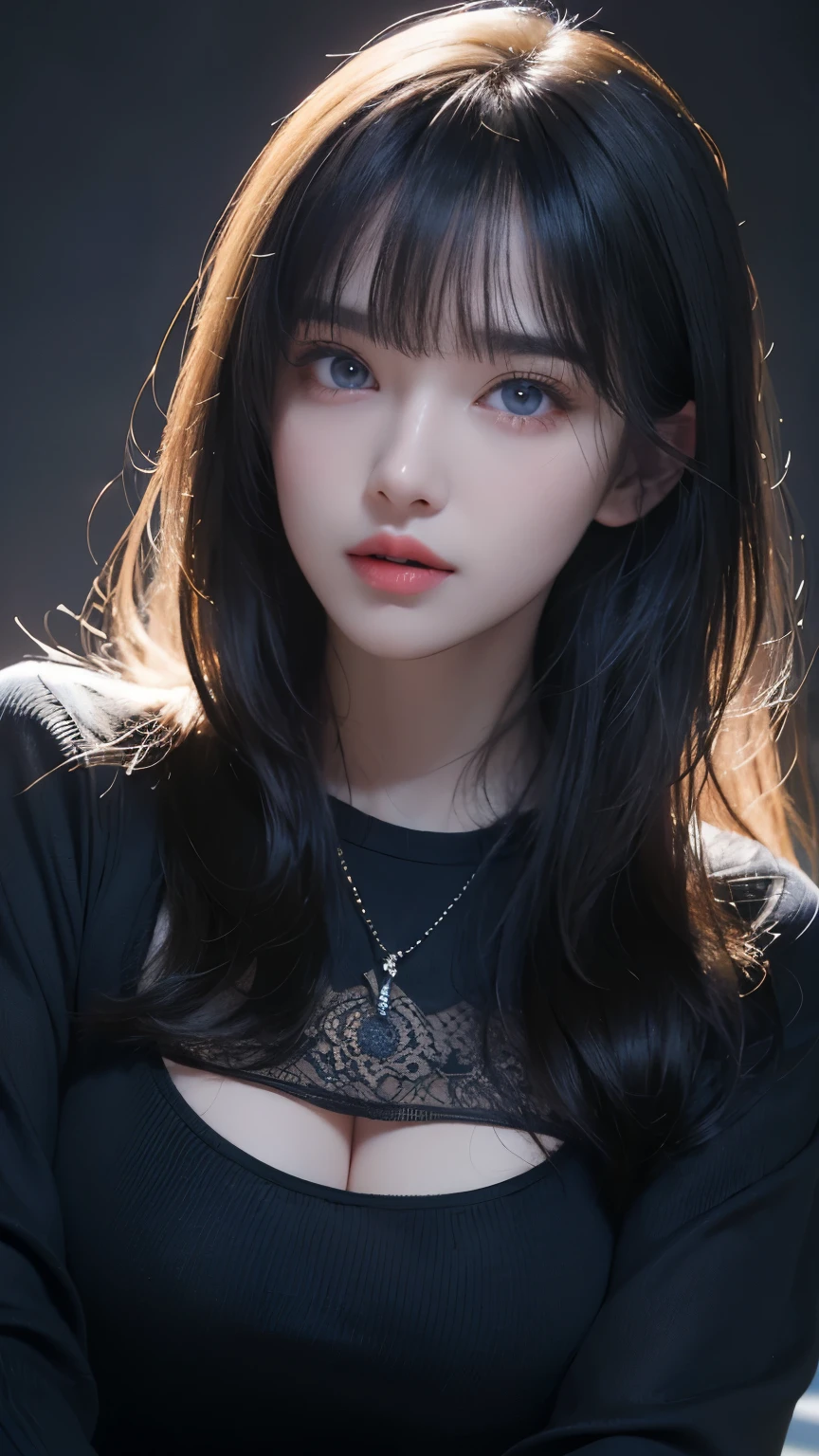 masterpiece, best quality, ultra-detailed, intricately detailed hyperdetailed, realistic, sharp features, highly detailed, sharp focus, perfect face, perfect face, perfect symmetrically perfect eyes, perfect full lips, flexible female form, cinematic, film light, hyper detailed, hyper realistic, high resolution, vibrant, dynamic studio lighting, ((Dark background)), Sexy face, Facial expressions when receiving pleasure, straight Bangs, Big breasts, Exposed cleavage, blue Eyes,black sweater, cowboy shot,