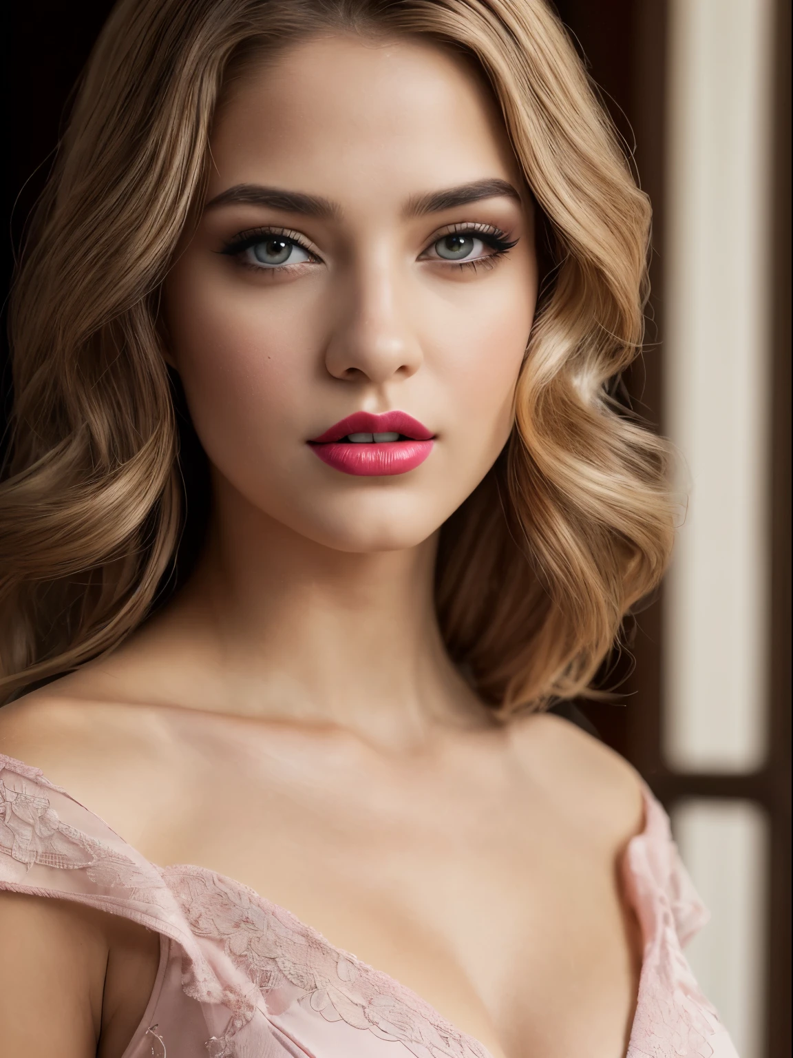 (Best quality,8K,A high resolution,Masterpiece:1.2, DSLR, 16k ),Ultra-detailed,(Realistic,Photorealistic,photo-realistic:1.37),Portrait, Creative style artwork, Historical, classical, Sophisticated, plethora of colors ,Highly detailed, Soft lighting, luxurious environment , black dress, there is young woman , girl wearing a red classy royal dress, performing a music video, slim fit (oval perfect shape, asymmetrical face structure, perfect proportion, almond eye type, hazal eye color, detailed eyes, yellow hair color, 34 inch breasts, hourglass figure, slim body, pale white skin tone ,sexy girl, 22 years old, soft wavy hair, looking away, attitude expression, professional makeup, pink lips)