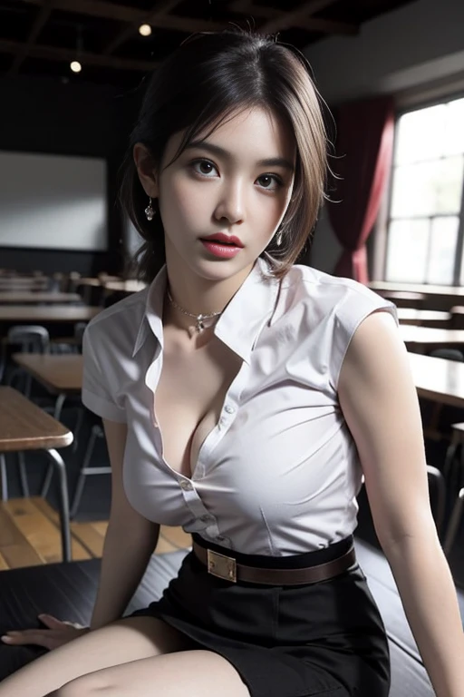 (Masterpiece, best quality, alone, รายละเอียดที่complicated, Chromatic aberration), realistic, ((Moderate breath)), hair on one eye,purple eyes, earring, sharp eyes, choker, (symmetrical eyes),(Perfect symmetrical body),Photo of a beautiful 24 year old girl, Beautiful and charming with contemporary fashion paintings as well..., looking at the audience, ((in the classroom background)), (1 Girl),(black short skirt), (Fitted white short sleeve shirt, Unbuttoning the buttons, revealing a little of the chest..), ((Short black pencil skirt with deep slit at the side.)), sugar belt, ((Put your hands down.)),copper blonde hair, bob, round chin, Art lens 85mm, Sharp focus, High resolution 8K, Crazy details, complicated, elegant,sitting on the study table Lift one leg to eye level, legs slightly apart.,big breasts,Big breasts, dynamic gesture, big breasts