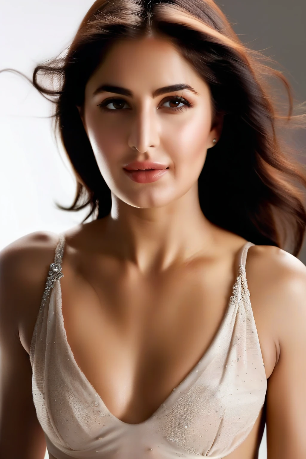 glamor headshot photo of a 25_year old katrina kaif woman, studio quality, completely undressed, subsurface scattering, canon 5D, realistic skin texture, skindentation, flat white background, completely unclothed nude having sex with her husband 
 