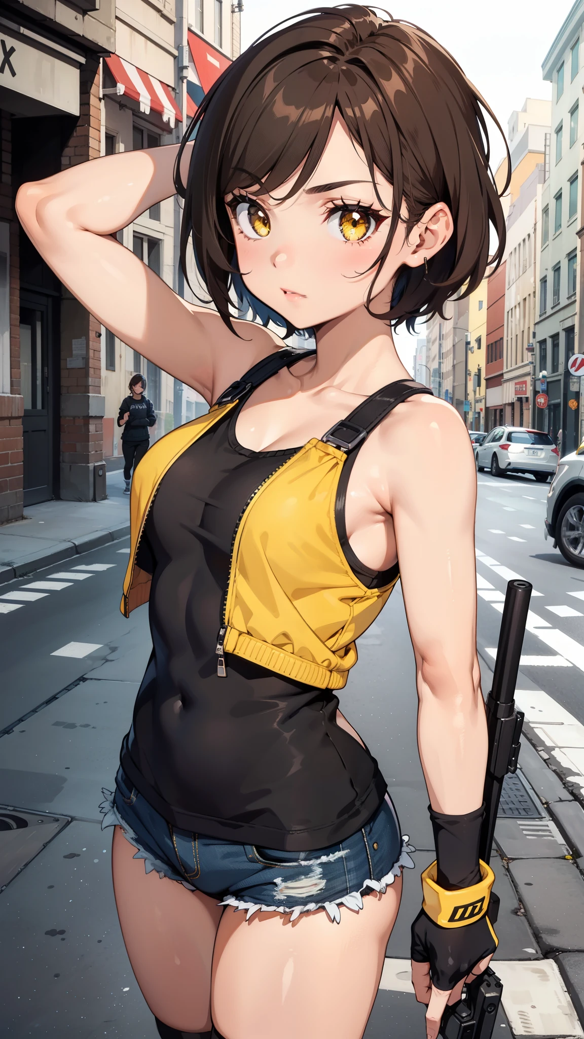 street dancer, short hair, brown hair, yellow glowing eyes, perfect lips, cute expression, cute face, cute pose, fingerless gloves, gun, tank top, jacket, cute pose, ultra detailed face, long eyelashes, sharp eyes , Fullbody shot, dinamic viewer,