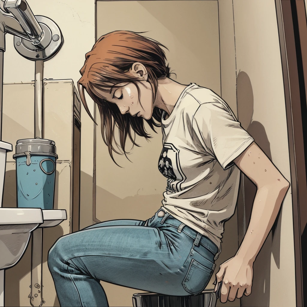 vector image, 2d cartoon,masterpiece, An anime woman, colored hair, pee herself, simulates intercourse:1.4, gloomy ecstasy, sweat, masturbate, touch herself, public cramped toilet stall, jeans, t-shirt, from side view