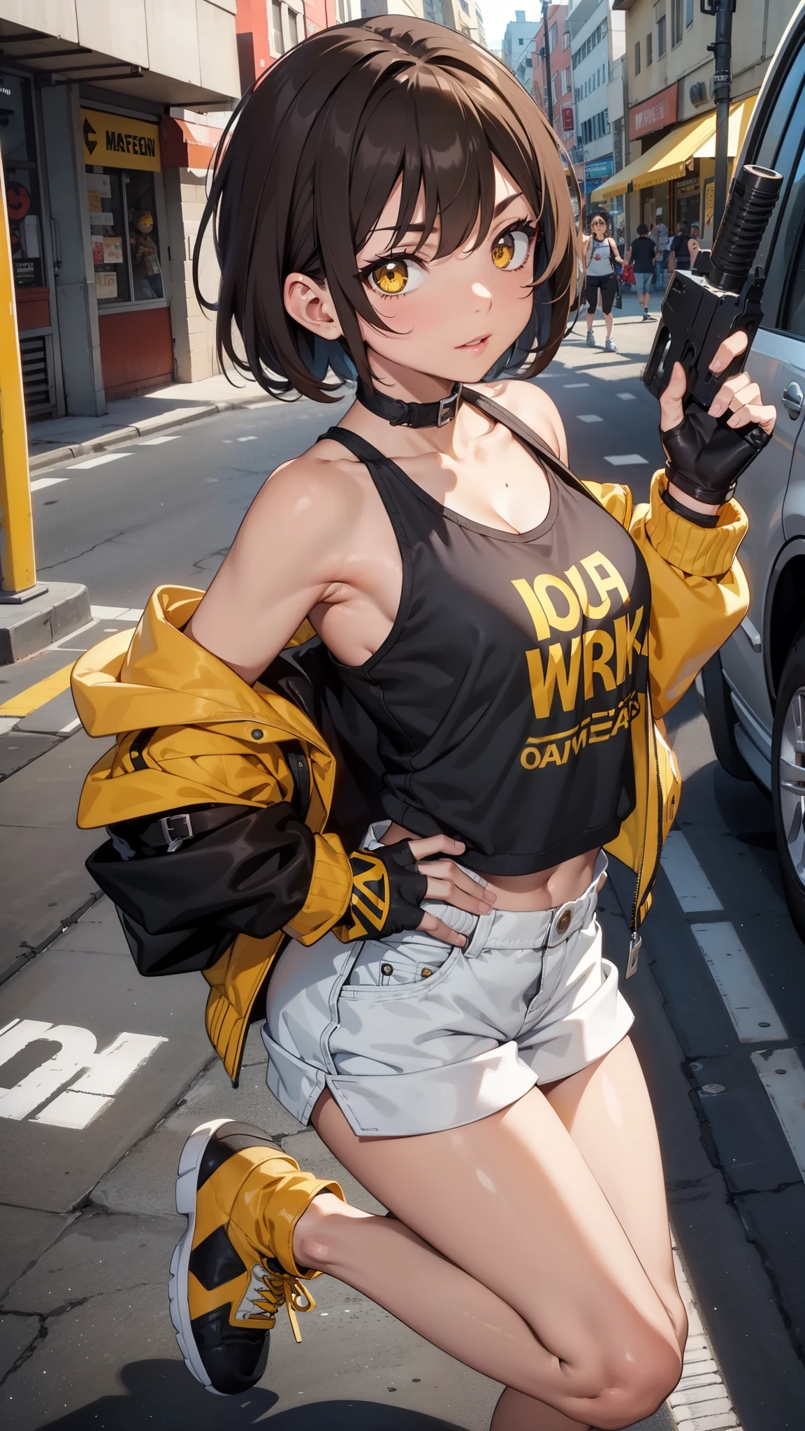 street dancer, short hair, brown hair, yellow glowing eyes, perfect lips, cute expression, cute face, cute pose, fingerless gloves, gun, tank top, jacket, cute pose, ultra detailed face, long eyelashes, sharp eyes , Fullbody shot, dinamic viewer,