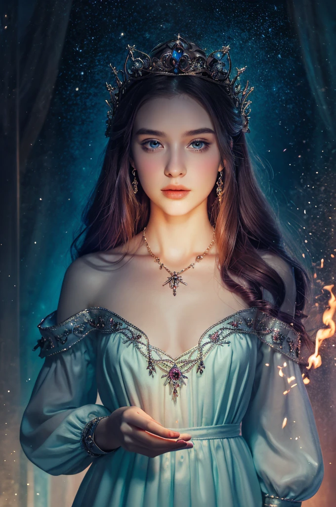 ( masterpiece, top quality, best quality,8k,17 years old girl,ultra detailed,raw photo:1.5),(photorealistic:1.4),(cinematic lighting), PerfectNwsjMajic, , Surrealism, UHD, ccurate, Super detail, textured skin, High detail, Best quality, dynamic angle, (high nose,White skin),[Beautiful blue eyes],[flat chest:large breasts:0.5],(1girl),(good anatomy:0.5)), of a woman in a dress with a Magic , ((a beautiful fantasy empress)), beautiful fantasy maiden, Dreamy atmosphere,mystical ambiance, Artistic interpretation,a whimsical illustration, Subtle colors and tones, mystical aura, jewelry, splendor,portrait