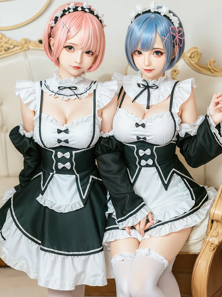 (8K, Photorealistic, Raw photo, of the highest quality: 1.3), (1girl in), Super beautiful, (Realistic face), (boyish, pink Color Berry Shorthair), Beautiful , Glare that captivates the viewer, Beautiful expression, Beautiful breasts, (Realistic skin), Be...Create a detailed and colorful image of Ram and Rem from Re:Zero, standing back-to-back in their maid outfits, with a magical fantasy background、14years old, two girls,cute, perfect face, beautiful, nice body, gothic lolita clothes, gothic lolita fashion, frilly skirt, headdress, necklace, bracelet, knee-high socks, boots, double eyelids, tear bags, Detailed down to the fingers, photo-like description, indoors, dim indoor lighting, one girl is pink hair and short bob, another girl is light blue hair and short bob,standing,whole body, composition that shows the whole body, smiling,The Both of them are wearing the same type of maid outfit,Optimal ratio of 4 fingers and 1 thumb