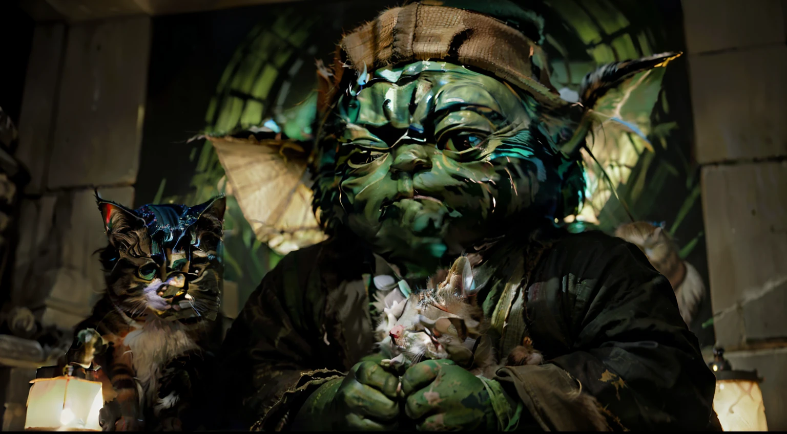 (8k ultra high definition, masterpiece, best quality at best, high qulity, absurd res, ultra - detailed, detailedbackground), (portrait:1.4), (Godfather (master yoda) mafia boss，wearing a suite and hat, standing in front a streetart masterpiece ), (color scheme: green), (star wars perssonage), opinion: Slightly lower angle to emphasize master yoda;s wisdom and force, lamplight: dramatics, Use a spotlight to illuminate Master yoda and chest, (holding a cat in one of his hands:1.5) (depth of fields: shallow, master yodas focus cleaery background slightly blurred), mafia style, godfather, cinematic film still from, godfather, mafia style,

