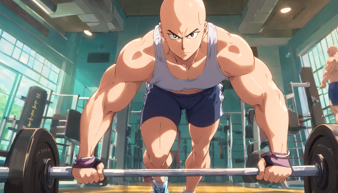 Saitama ((careca)), Um homem de soco, masculino, Working out intensely in a bodybuilding gym, Well-defined and detailed muscles,