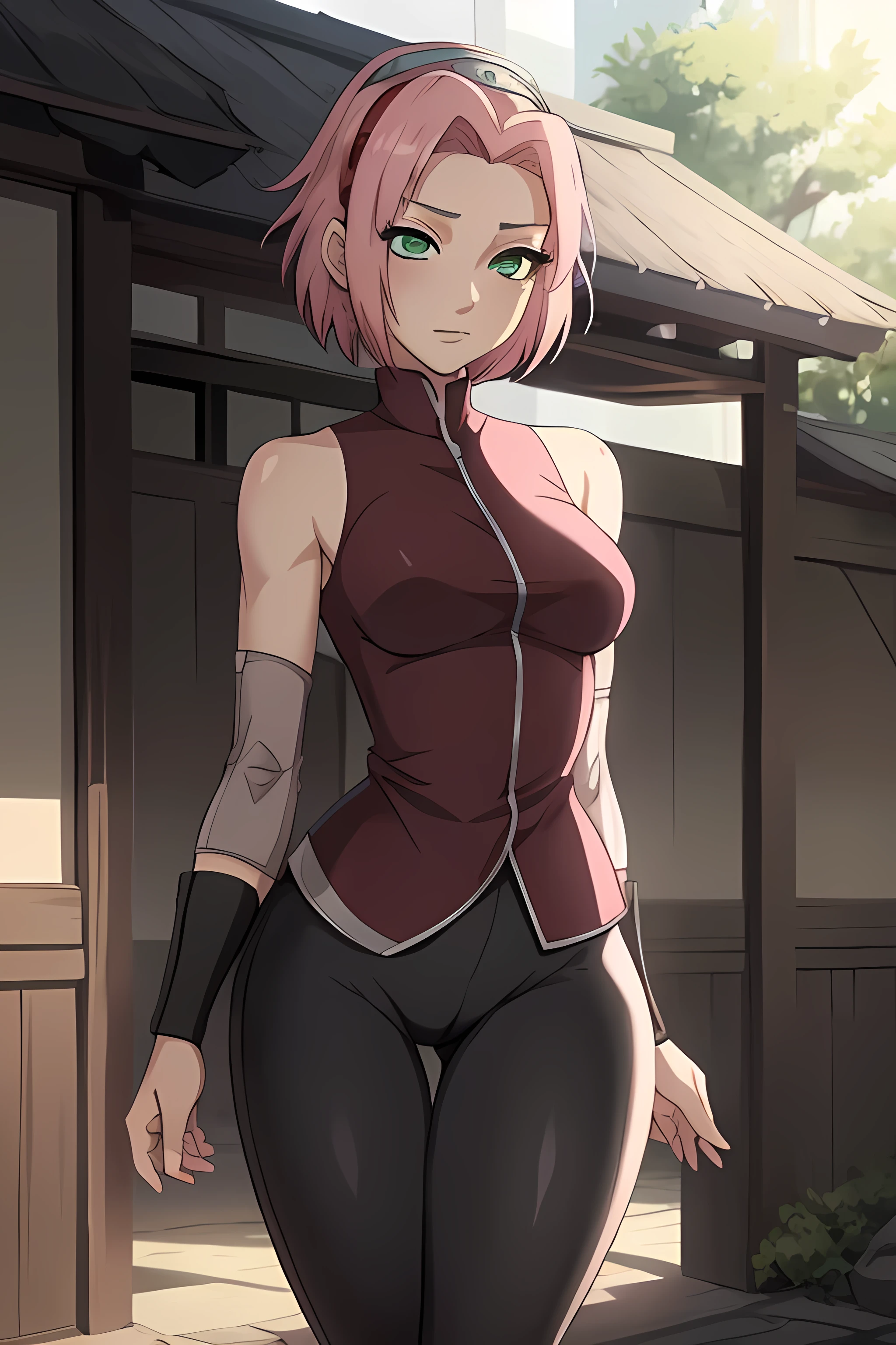 ((ultra quality)), ((masterpiece)), haruno sakuro, naruto, ((pink short hair)), (beautiful cute face), (beautiful female lips), charming, ((sexy facial expression)), looks at the camera, eyes slightly open, (skin color white), (blue skin), glare on the body, ((detailed beautiful female eyes)), ((green eyes)), (juicy female lips), (black eyeliner), (beautiful female hands), ((ideal female figure)), ideal female body, beautiful waist, gorgeous thighs, beautiful small breasts, ((subtle and beautiful)), stands temptingly (close up of face), (sakura haruno clothing, black tight shorts leggings, Hidden Leaf Village Shinobi Clothes) background: hidden leaf village, Naruto Shippuden, ((depth of field)), ((high quality clear image)), (clear details), ((high detail)), realistically, professional photo session, ((Clear Focus)), anime