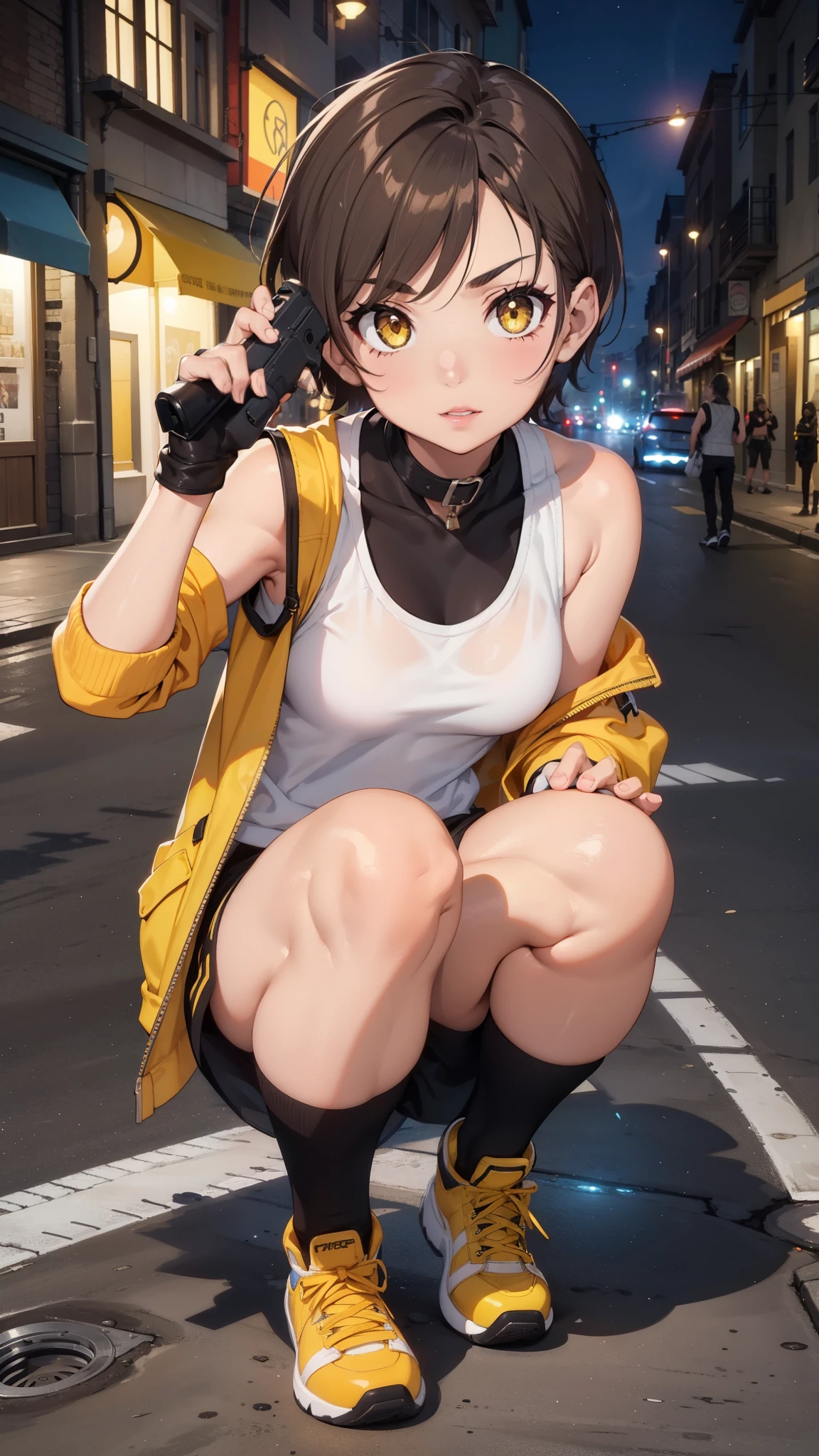 street dancer, short hair, brown hair, yellow glowing eyes, perfect lips, cute expression, cute face, cute pose, fingerless gloves, gun, tank top, jacket, cute pose, ultra detailed face, long eyelashes, sharp eyes , Fullbody shot, dinamic viewer,