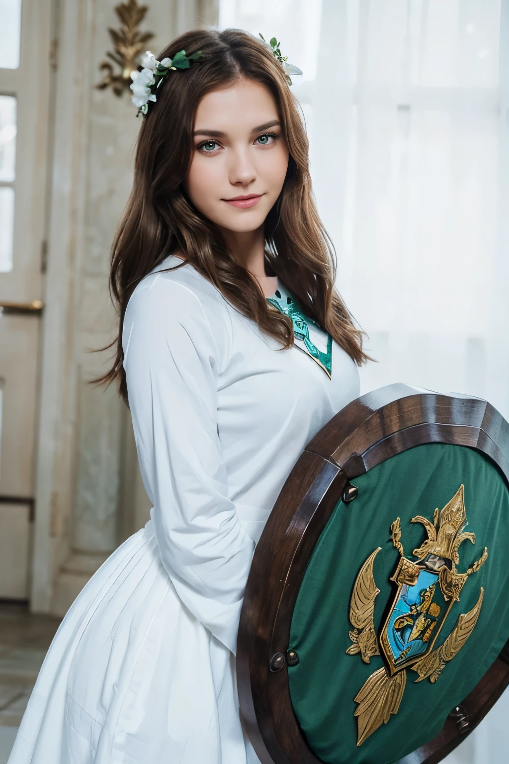 Create an image of a beautiful young slender woman of medium height. Brown hair, green eyes. She has a wildish smile. She has blue roses in her hair. She dresses completely in white. On the background a shield in white with a dark wolf on it