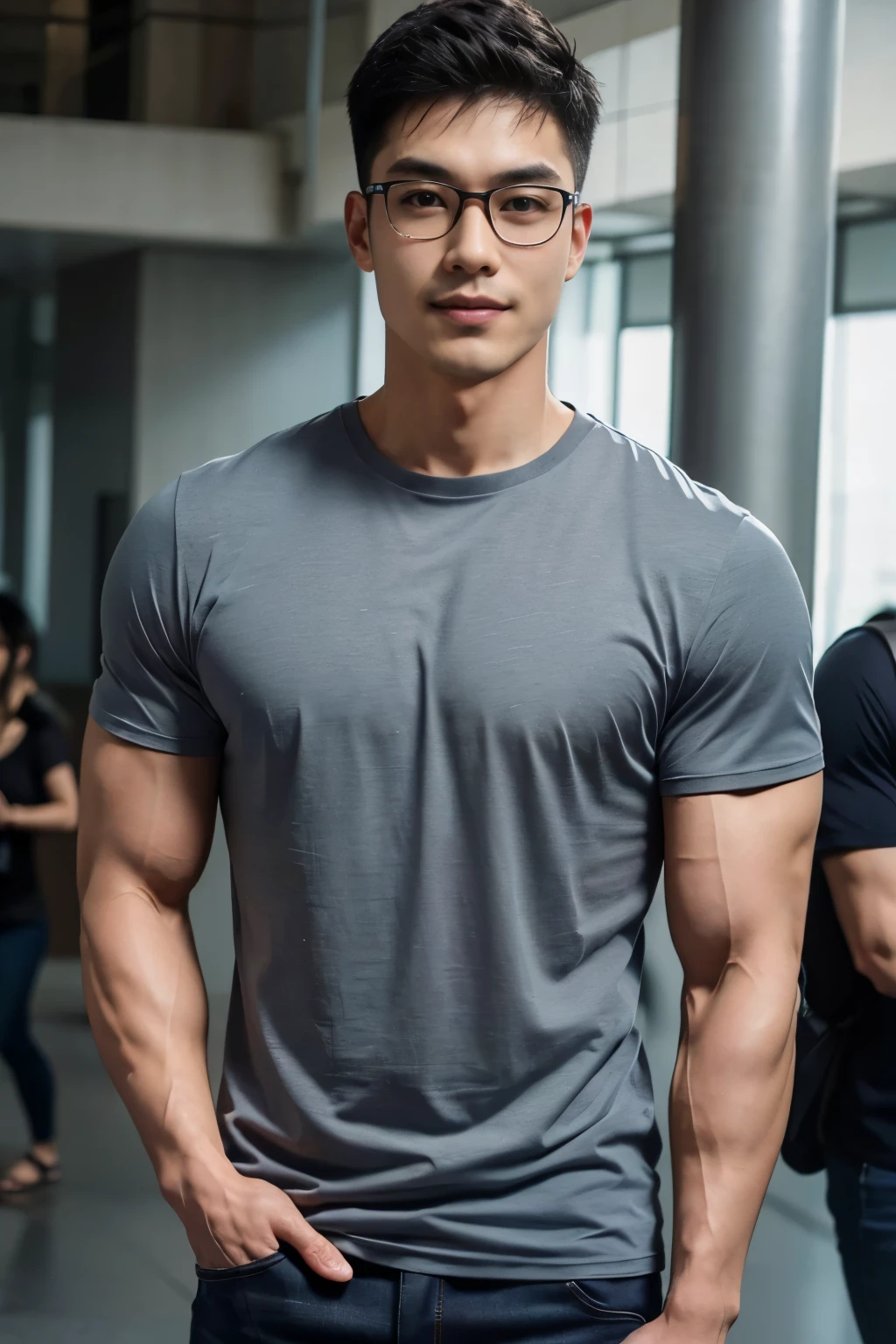 1 man, smile, full body, (Wearing a gray high round neck t-shirt.), Jeans, Korean people , korean men, (high glossy details), chest muscles, large arm muscles, blood vessel, big muscles, Broad shoulders, looking at the audience, Balancing the eyes, (Wear glasses), (Backpack), The background is a train station.